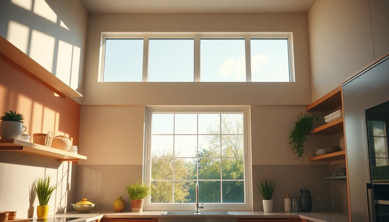 Cuisine ensoleillée avec fenêtres à imposte, optimisant lumière naturelle et ventilation.