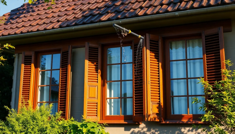Maison avec volets en bois bien entretenus, illustration du nettoyage des volets en été.