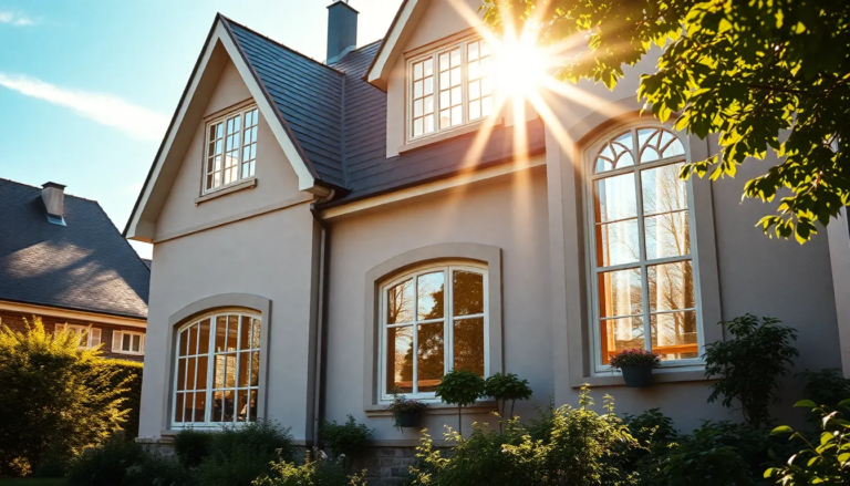 Maison avec façade ensoleillée et fenêtres à tabatière, mettant en valeur l'éclairage naturel et l'architecture traditionnelle.