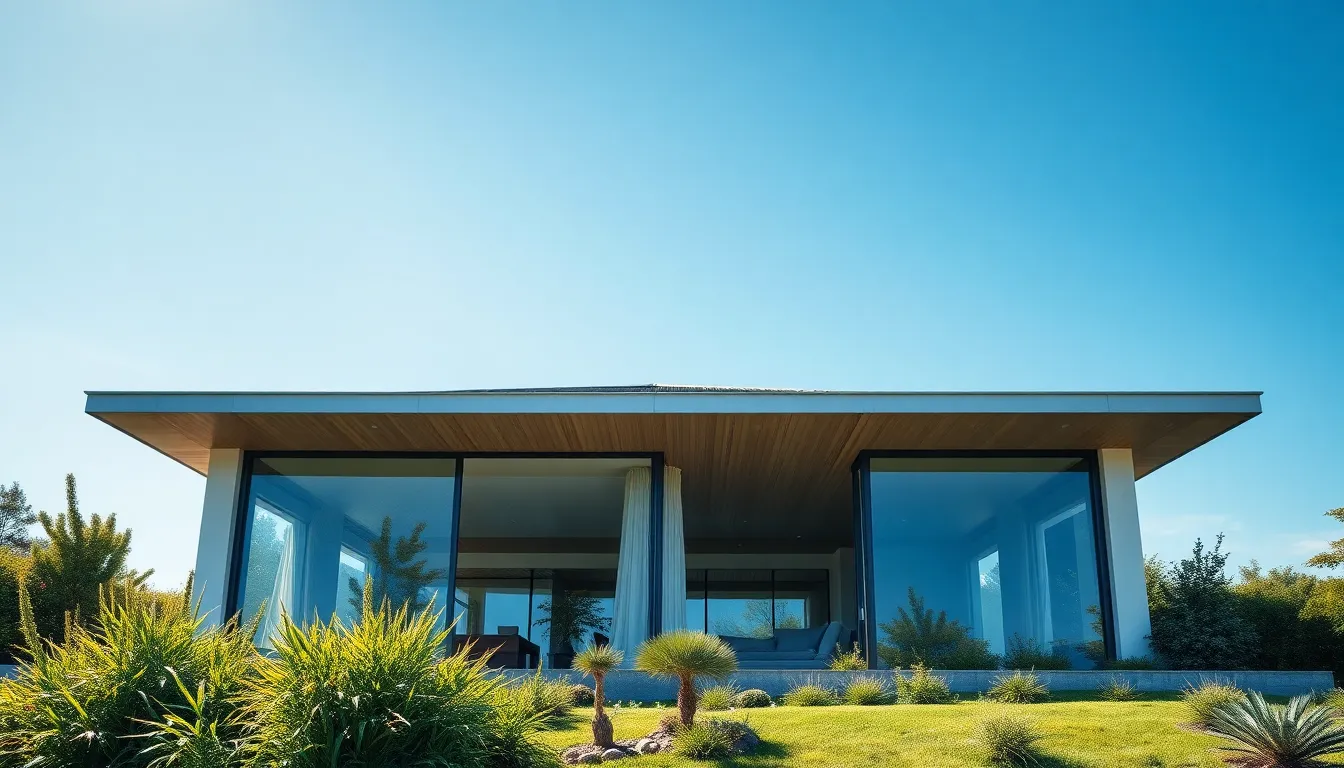 Maison moderne avec fenêtres en aluminium, mettant en avant la lumière naturelle et le design contemporain.