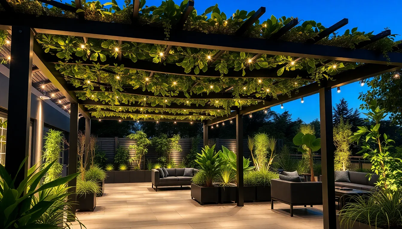 Pergola moderne en acier avec toiture végétalisée dans un espace extérieur élégant.