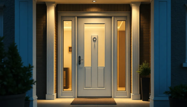 Porte d'entrée en PVC certifiée A2P, mettant en avant des caractéristiques de sécurité modernes dans une entrée de maison élégante.