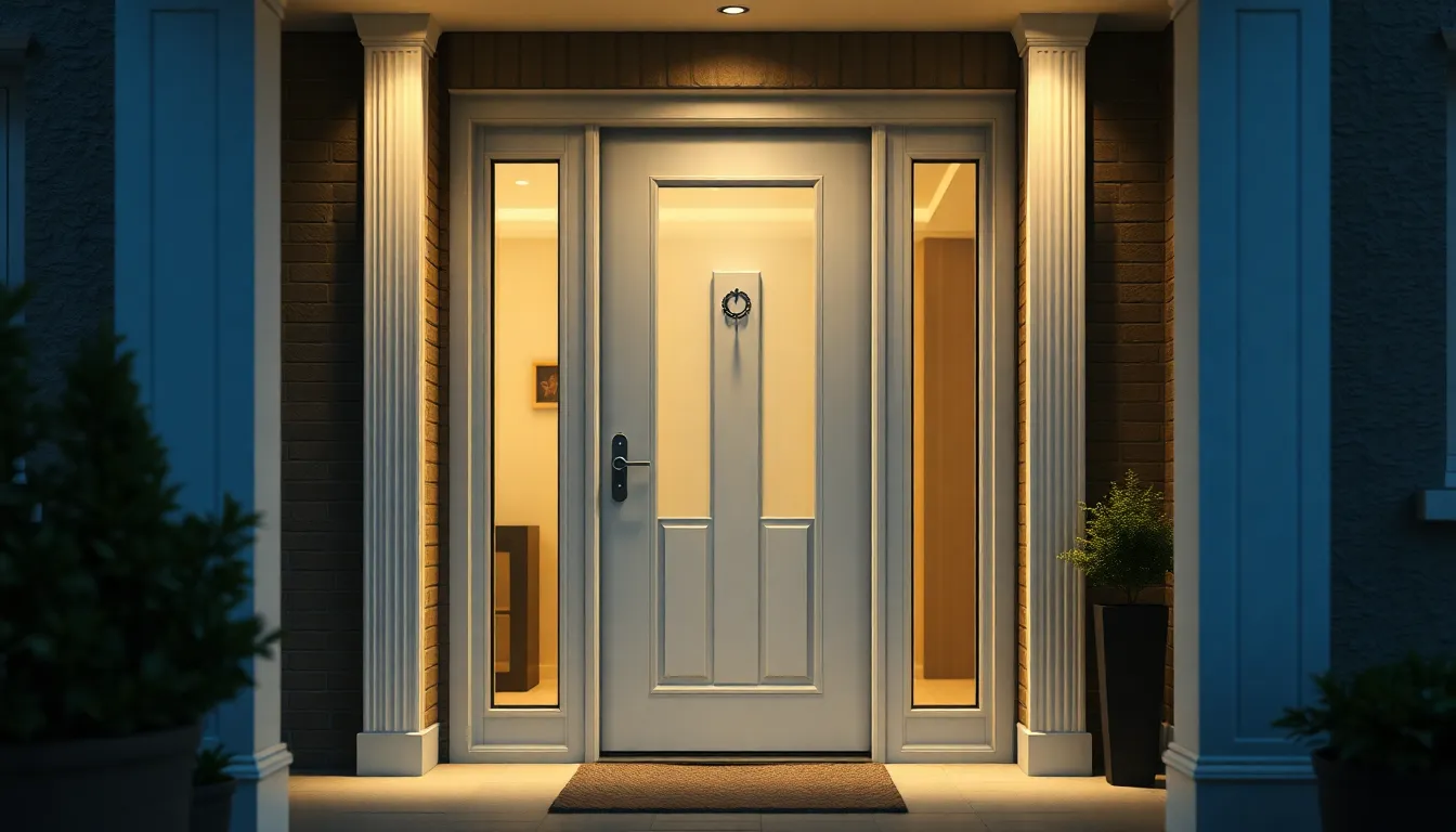 Porte d'entrée en PVC certifiée A2P, mettant en avant des caractéristiques de sécurité modernes dans une entrée de maison élégante.
