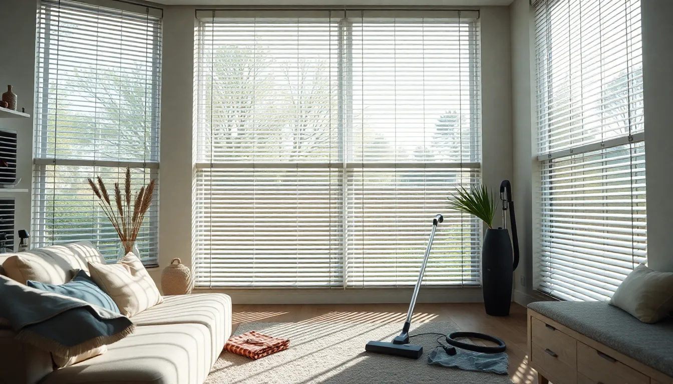 Salon moderne avec stores vénitiens et fournitures de nettoyage, soulignant l'importance de l'entretien des stores.