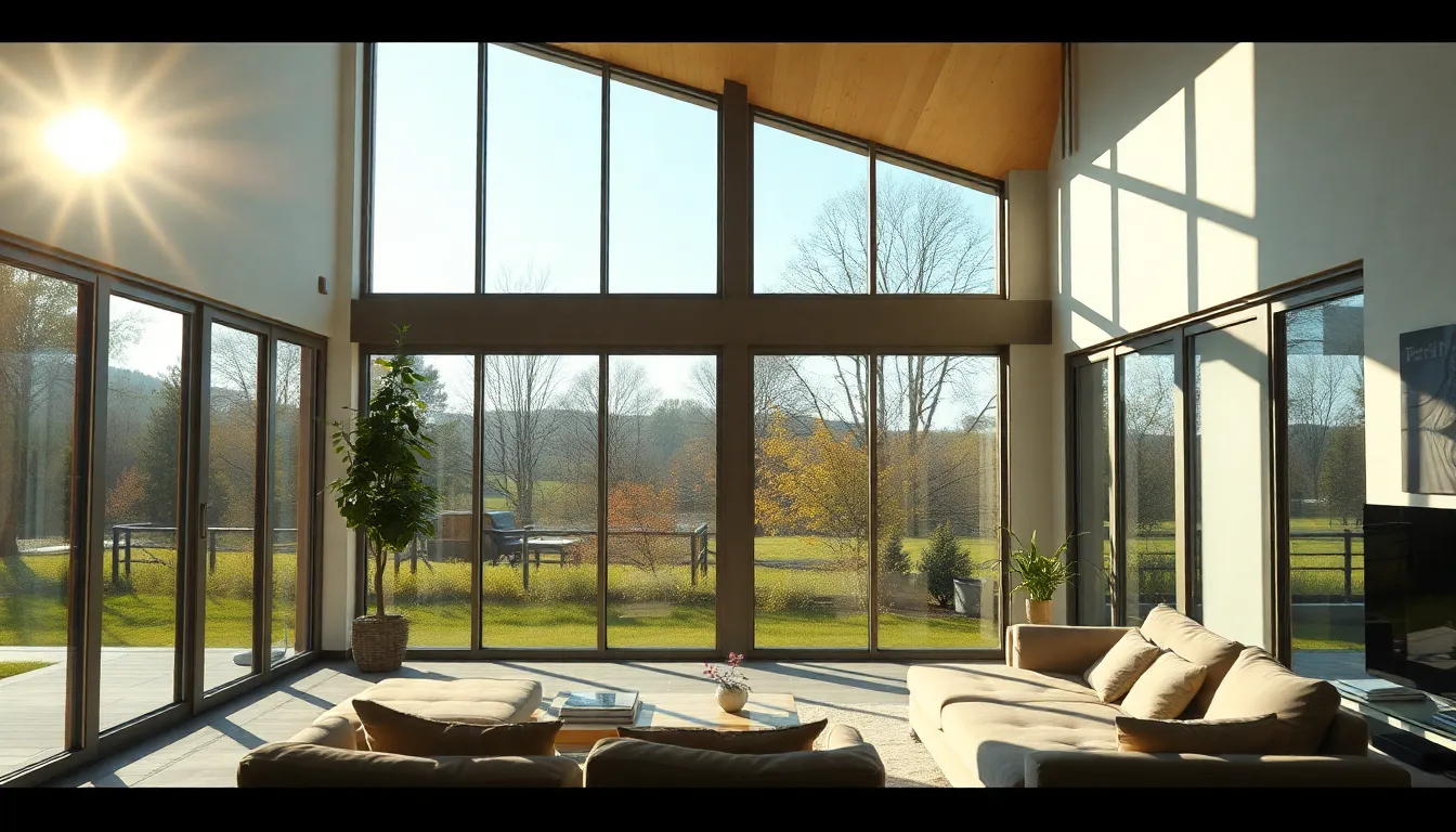 Salon moderne avec grandes fenêtres et vitrage écoénergétique, soulignant le confort intérieur face à la chaleur extérieure.