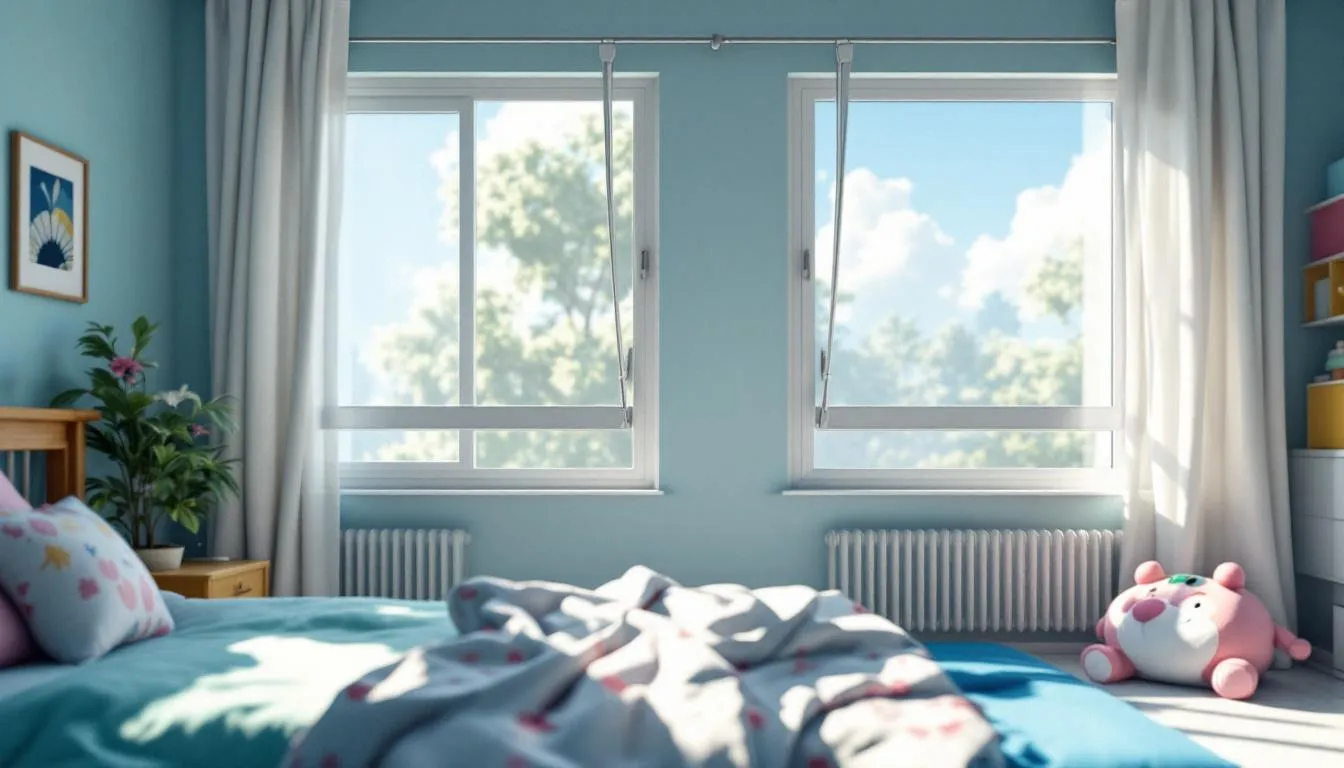 Chambre d'enfant moderne avec garde-corps sécurisé et fenêtres oscillo-battantes, illustrant l'importance de la sécurité et de la ventilation.