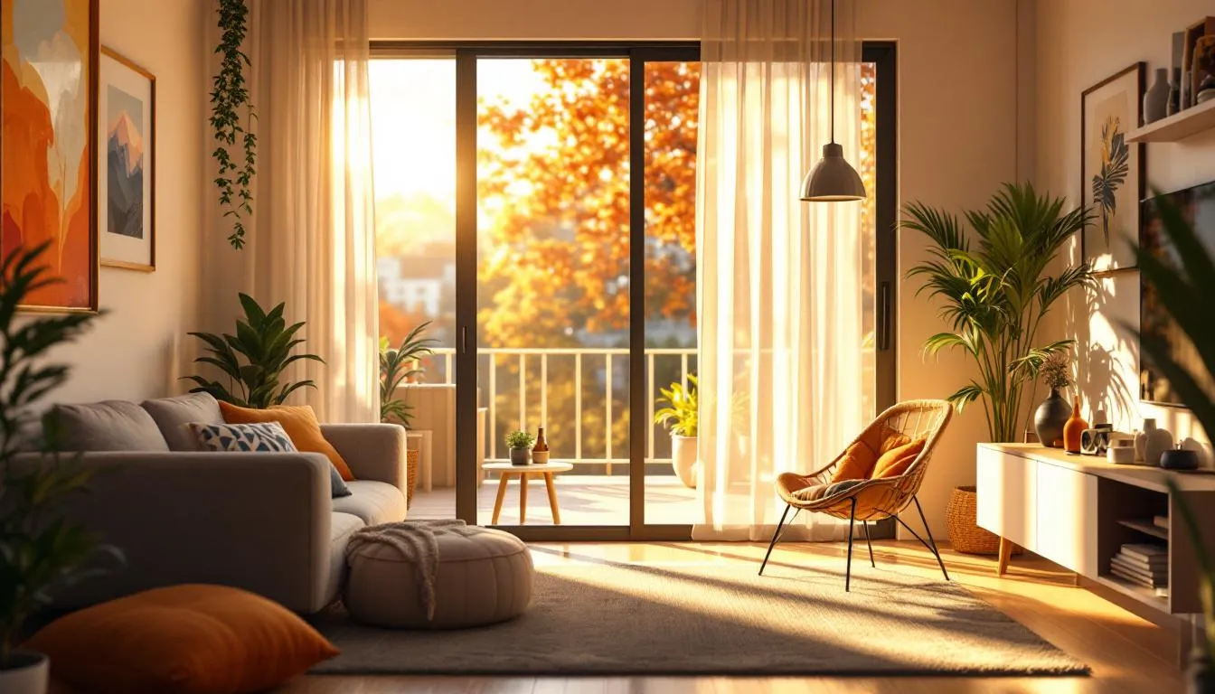 Petite pièce ensoleillée avec une porte coulissante en verre, optimisant la lumière naturelle et l'espace.