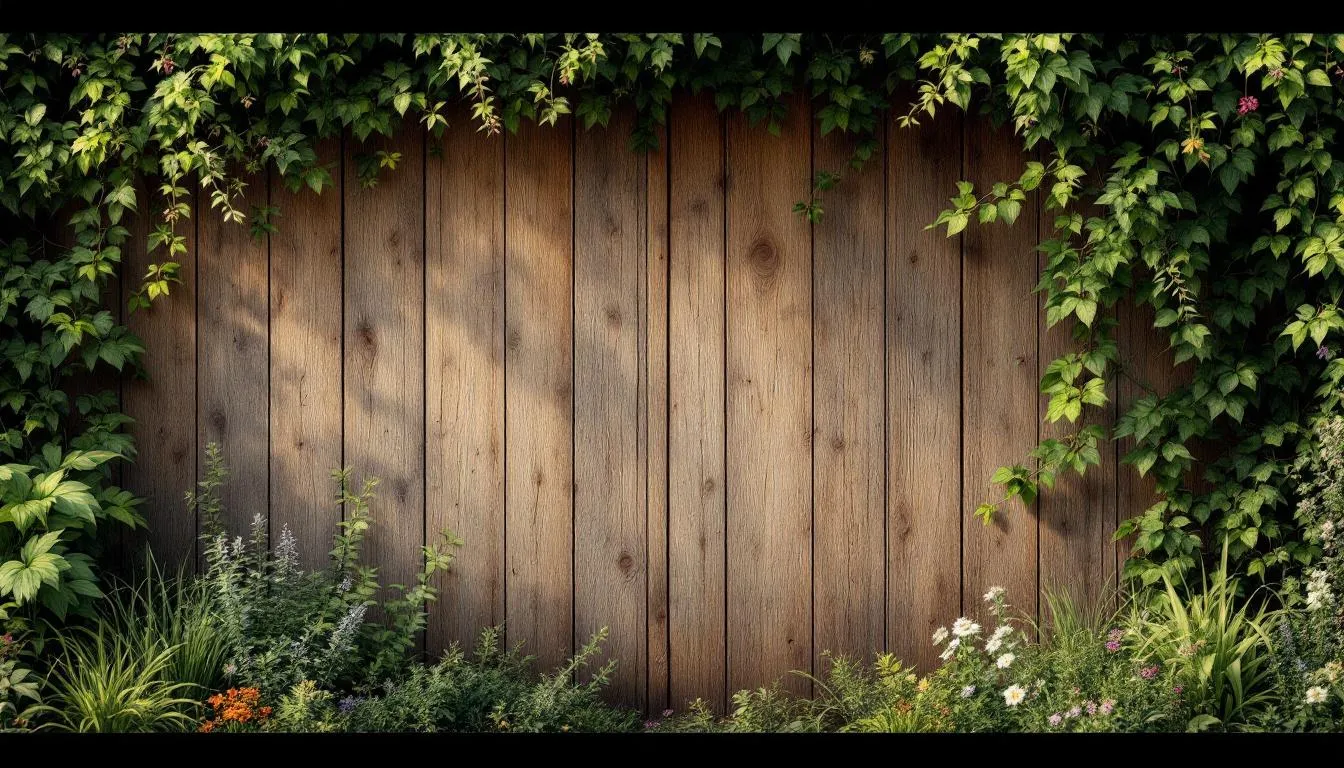 Clôture en bois avec plantes grimpantes dans un jardin pittoresque en France, illustrant un aménagement extérieur esthétique et écologique.