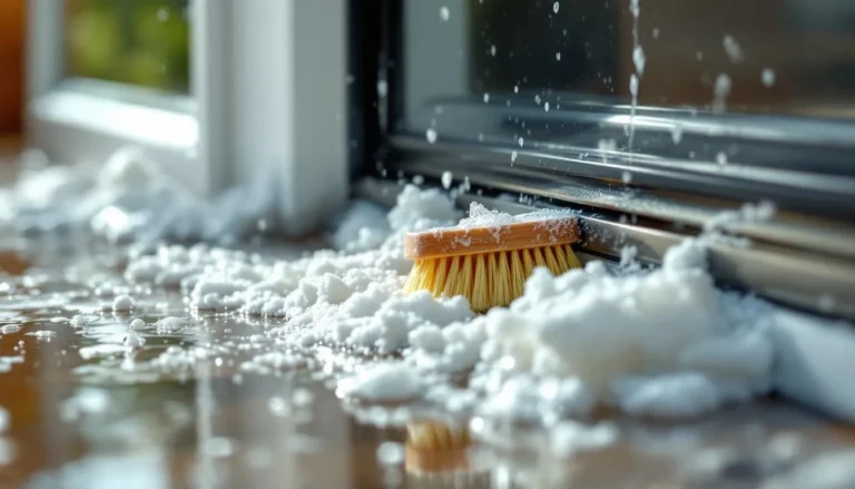 Vue rapprochée de joints d'étanchéité de porte extérieure en cours de nettoyage pour réduire les fuites d'air.