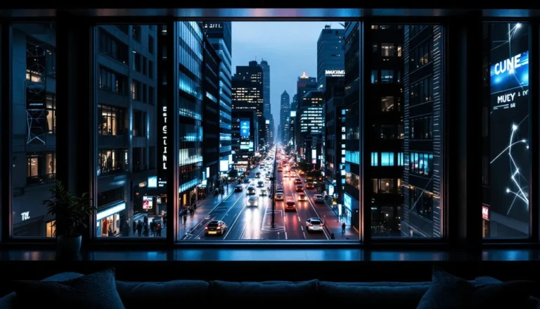 Appartement moderne avec fenêtres acoustiques surplombant une rue urbaine animée, soulignant le contraste entre le calme intérieur et la vie citadine.