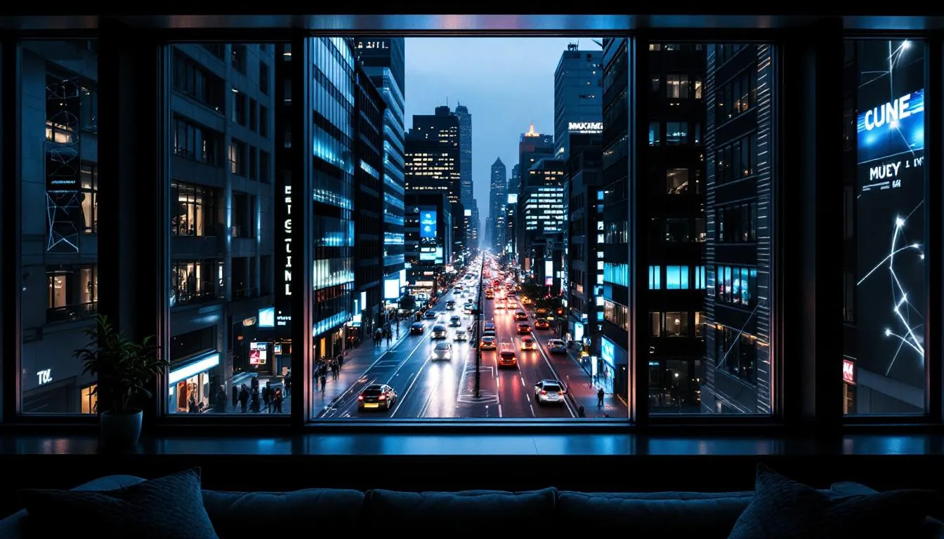 Appartement moderne avec fenêtres acoustiques surplombant une rue urbaine animée, soulignant le contraste entre le calme intérieur et la vie citadine.