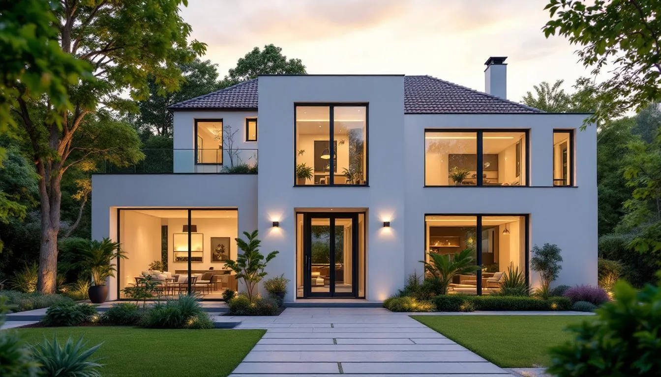 Maison moderne avec des fenêtres et portes en aluminium, illustrant la durabilité et l'esthétique des menuiseries extérieures.