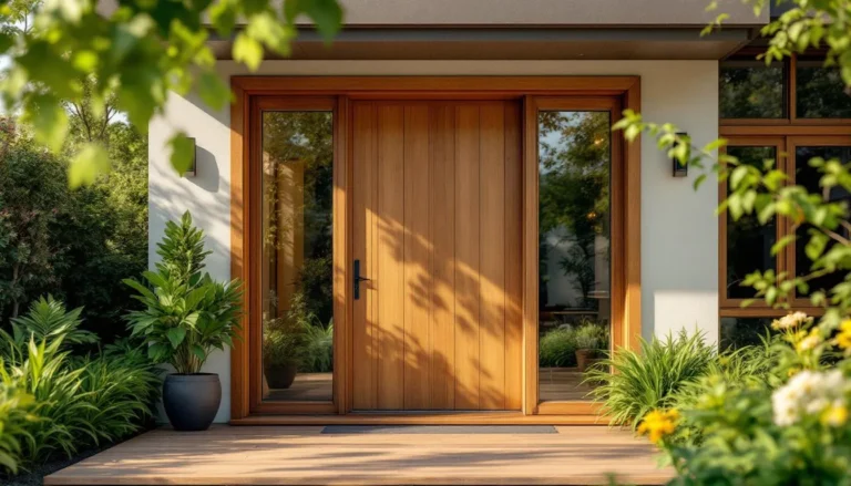 Maison moderne avec menuiseries en bois entourée de verdure, mettant en avant l'importance de la protection contre les insectes xylophages.