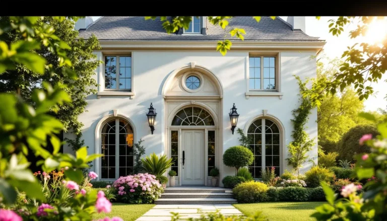 Façade ensoleillée d'une maison moderne avec fenêtres en arc, mettant en valeur l'élégance et la lumière naturelle.