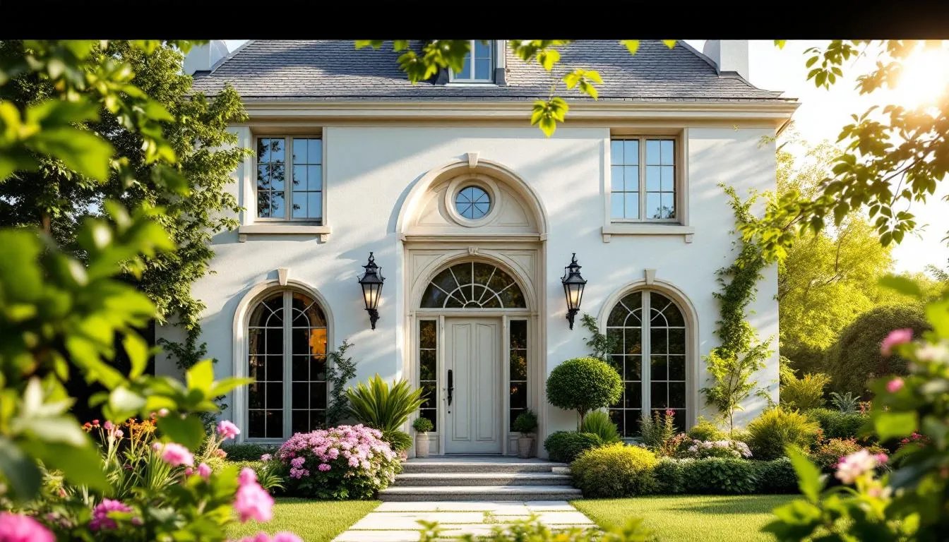 Façade ensoleillée d'une maison moderne avec fenêtres en arc, mettant en valeur l'élégance et la lumière naturelle.