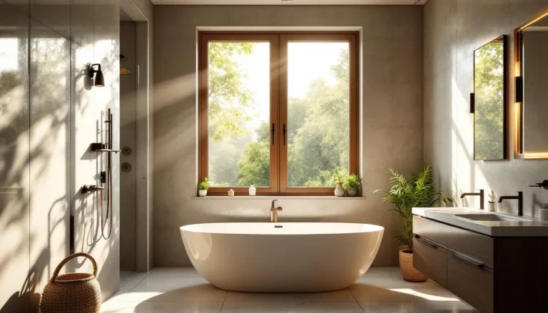 Salle de bain moderne et lumineuse avec une fenêtre à double battant, mettant en valeur l'apport de lumière naturelle.