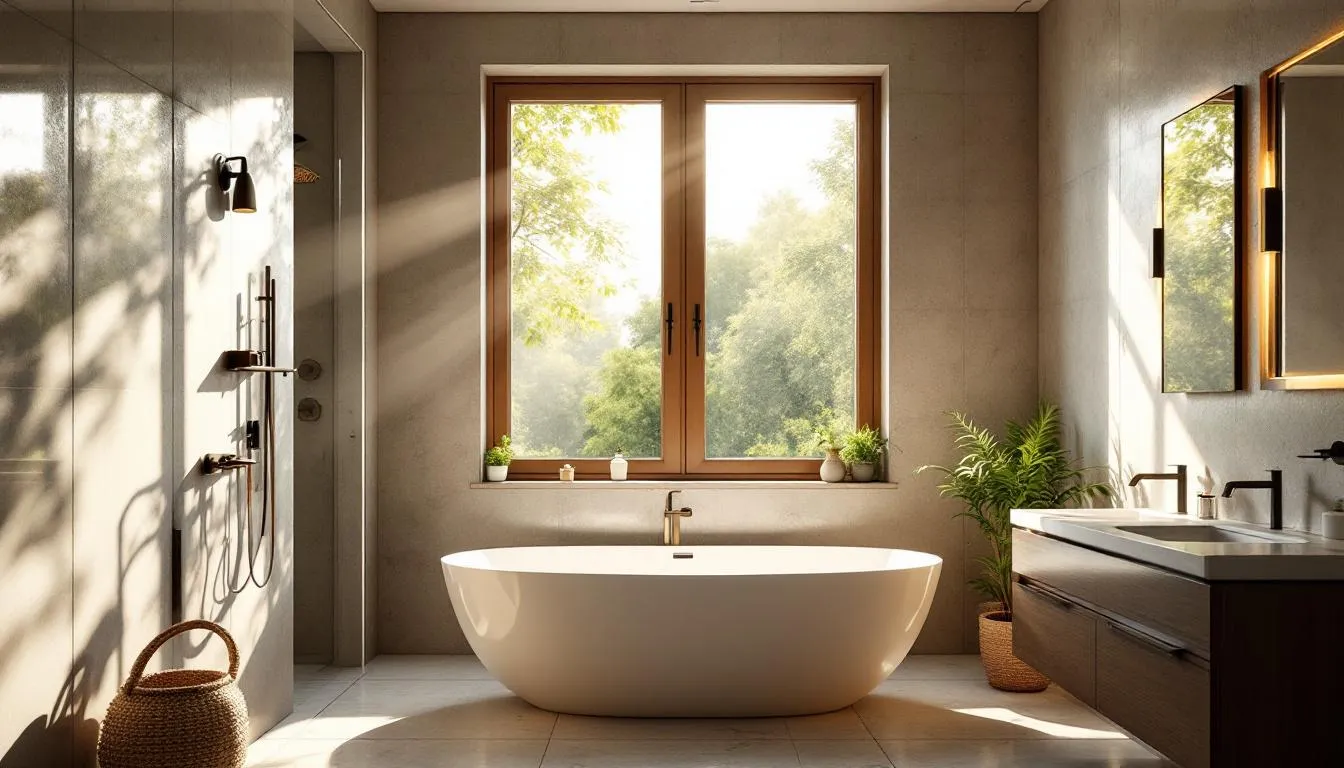 Salle de bain moderne et lumineuse avec une fenêtre à double battant, mettant en valeur l'apport de lumière naturelle.