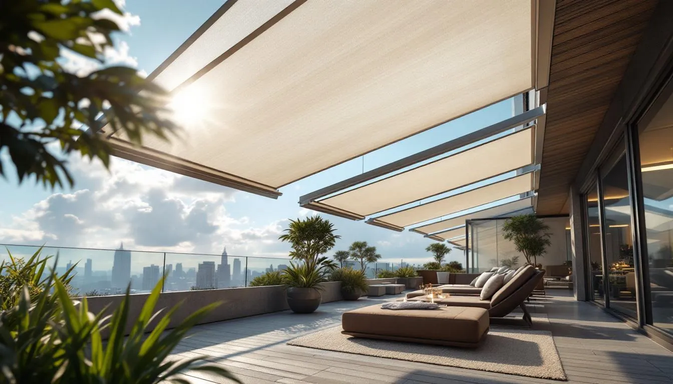 Terrasse moderne avec brise-soleil orientables en aluminium, design épuré, intégration de technologie intelligente en plein soleil.