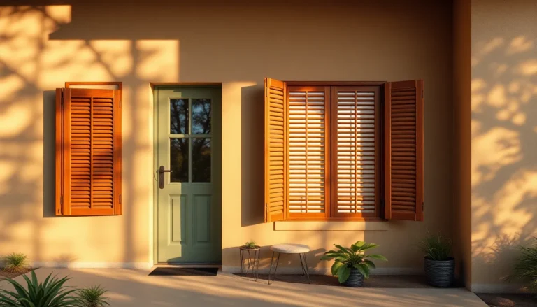 Maison contemporaine avec volets en bois, illustrant la tendance déco 2026 d'authenticité et de durabilité.