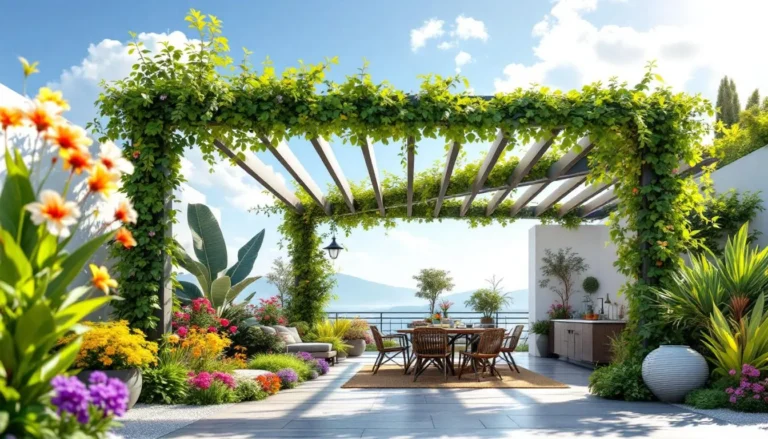 Pergola en aluminium avec toiture végétalisée, entourée de plantes grimpantes et fleurs colorées sur une terrasse moderne.