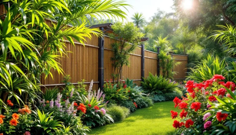 Jardin tropical en France avec clôture en bambou, mettant en valeur la beauté et l'écologie des installations en bambou.