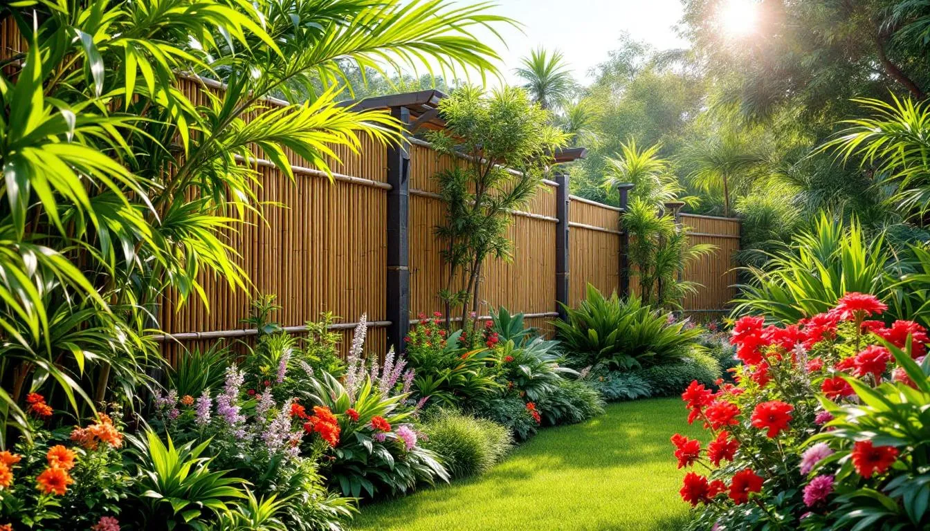 Jardin tropical en France avec clôture en bambou, mettant en valeur la beauté et l'écologie des installations en bambou.