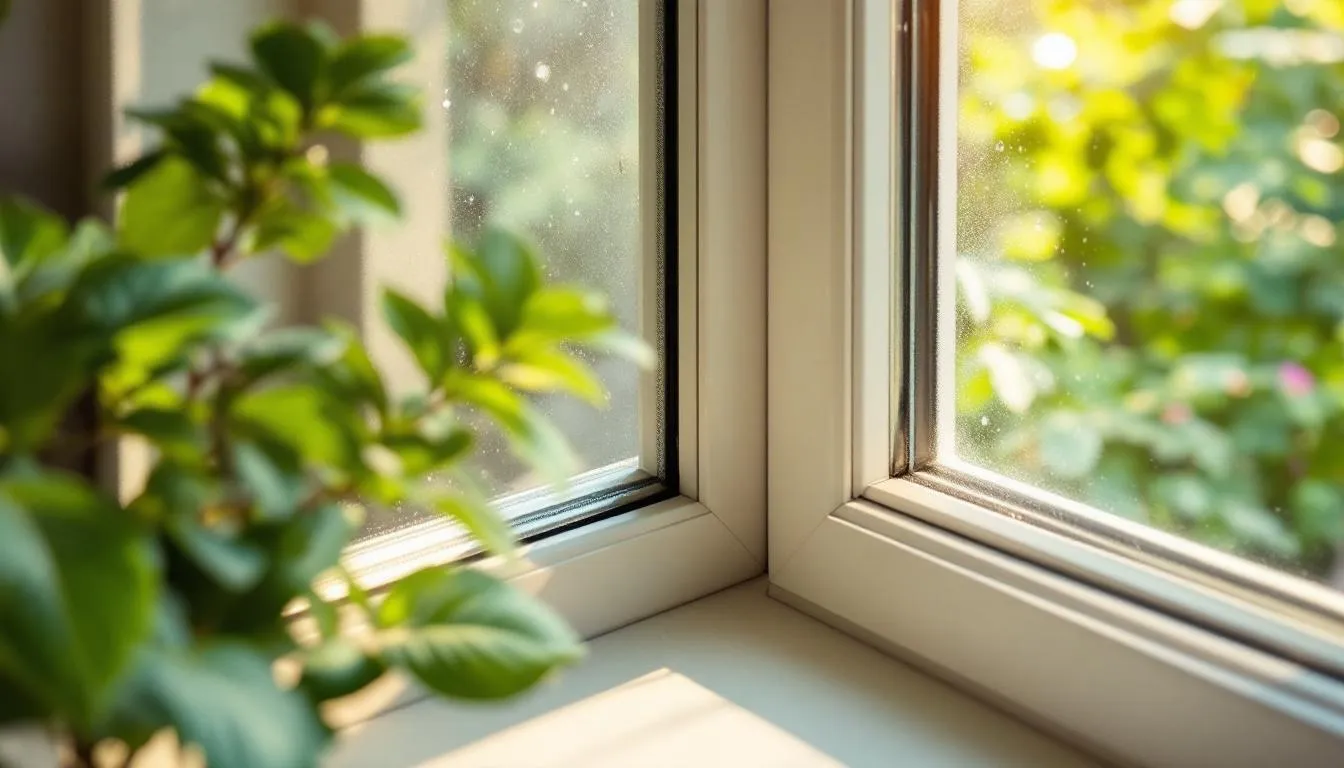 Vue rapprochée de joints de fenêtres nettoyés dans une maison moderne, entourée de plantes vertes symbolisant le confort estival.