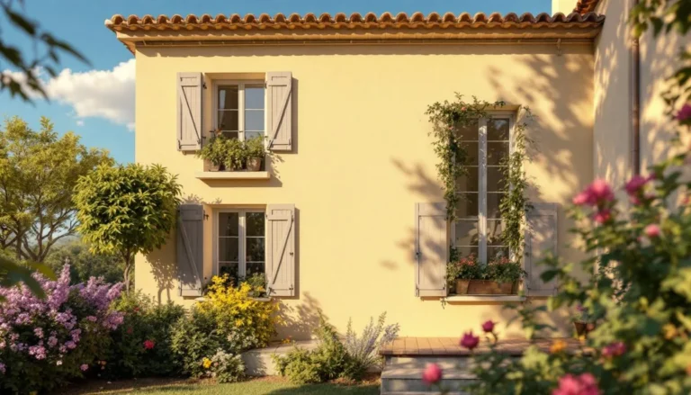 Maison moderne dans le sud de la France avec fenêtres à protection solaire et volets en aluminium, entourée de verdure.