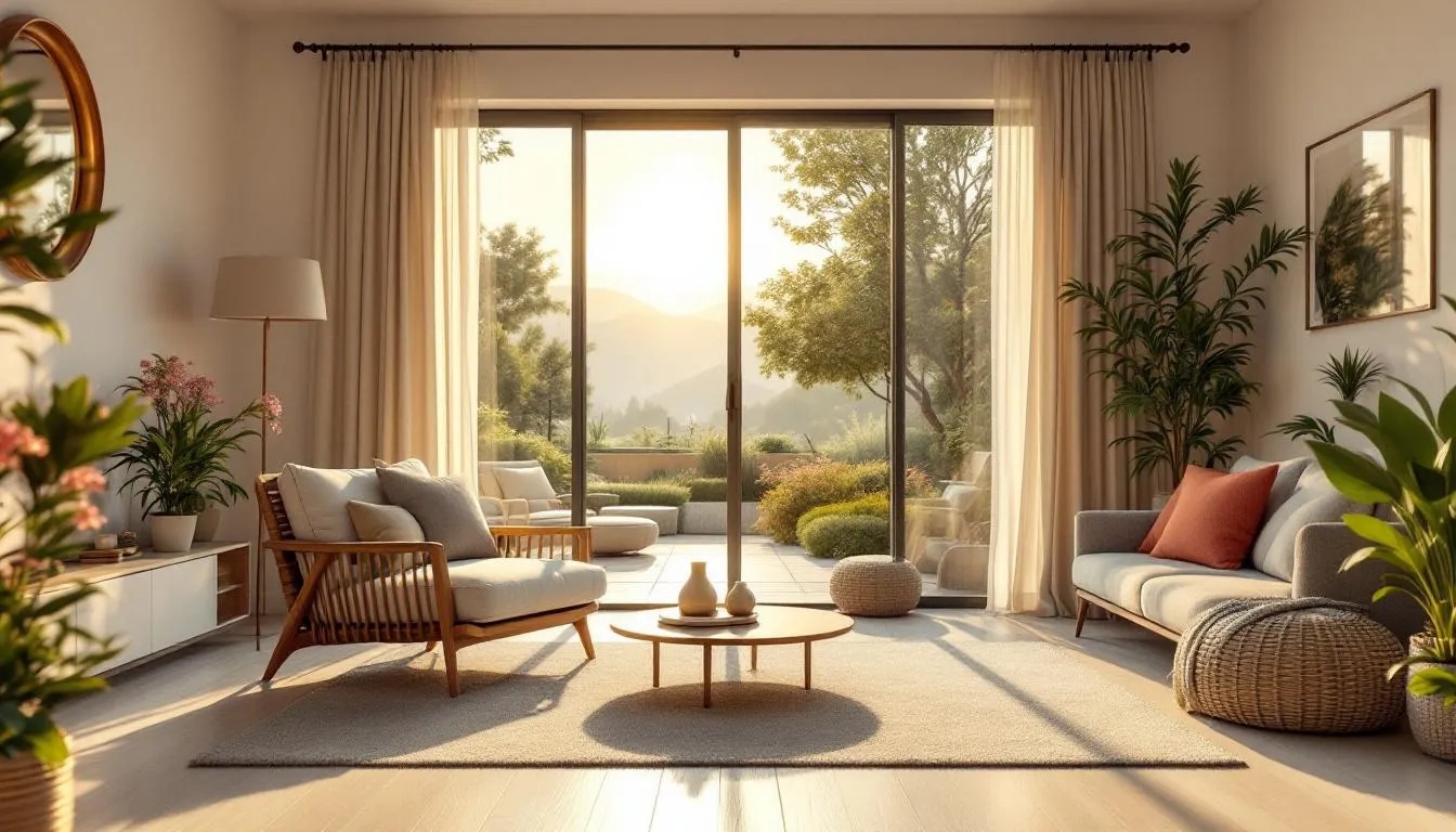 Salon lumineux avec portes-fenêtres coulissantes ouvrant sur une terrasse paysagée, mettant en valeur la lumière naturelle et un cadre moderne.