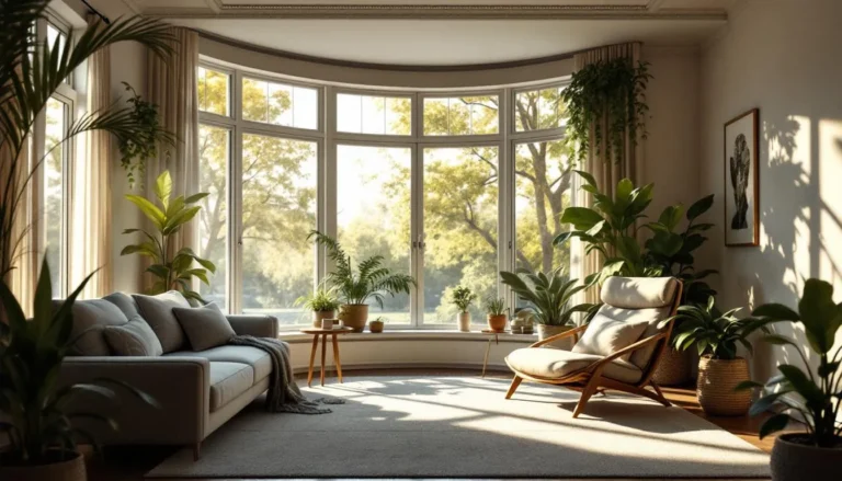 Salon moderne avec une fenêtre en saillie offrant une belle lumière naturelle, favorisant la ventilation et le confort en été.