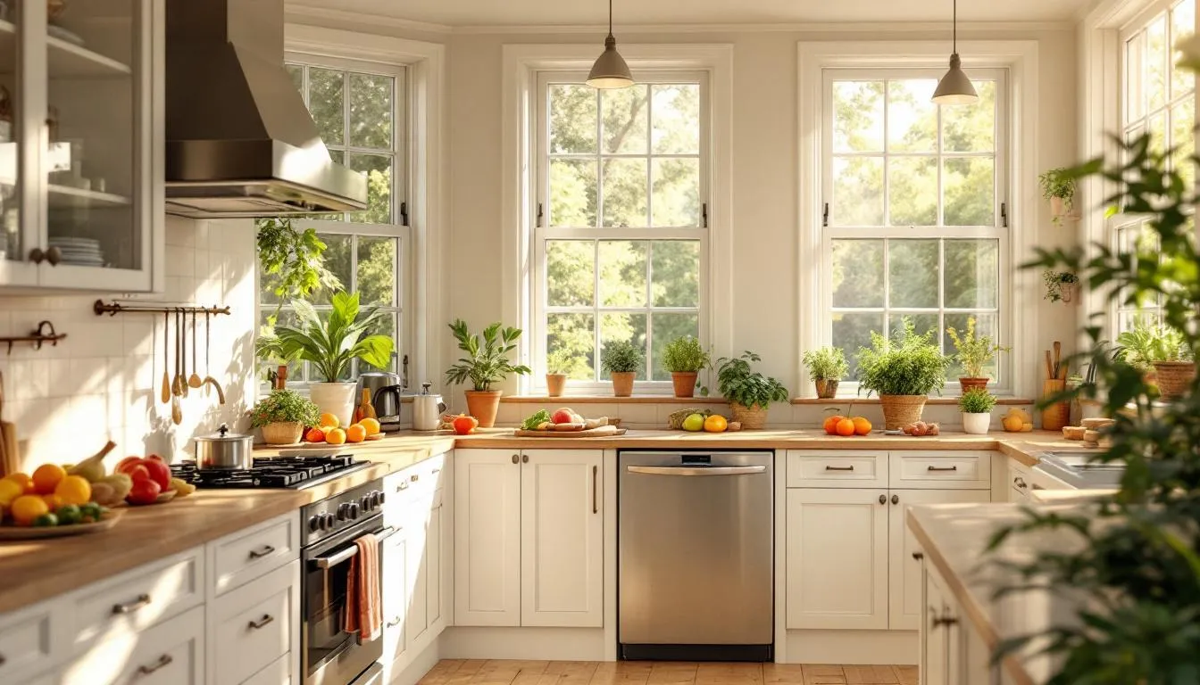 Cuisine ensoleillée en France avec fenêtres à imposte, optimisant la ventilation naturelle et confort thermique.