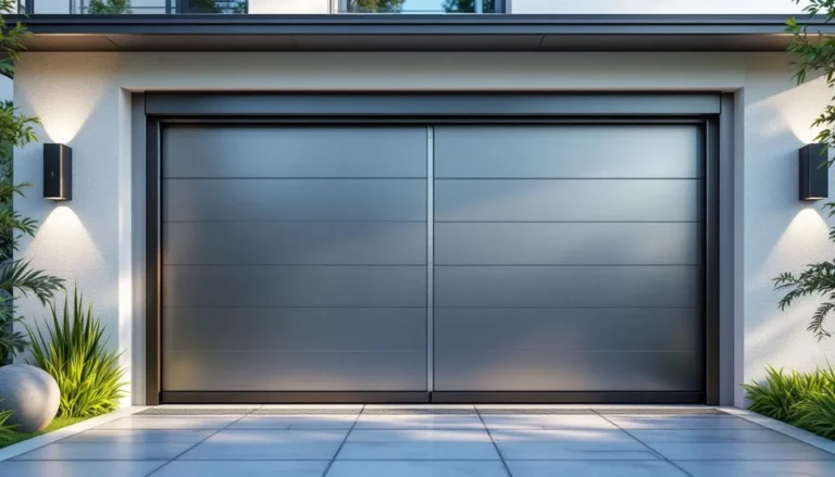 Portail en aluminium coulissant automatique moderne dans une entrée de maison contemporaine.