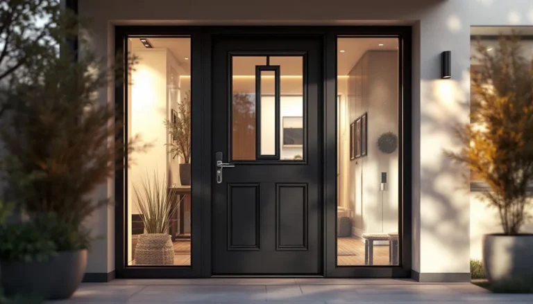 Porte d'entrée en PVC sécurisée, mettant en avant des éléments modernes et des normes de résistance aux effractions.