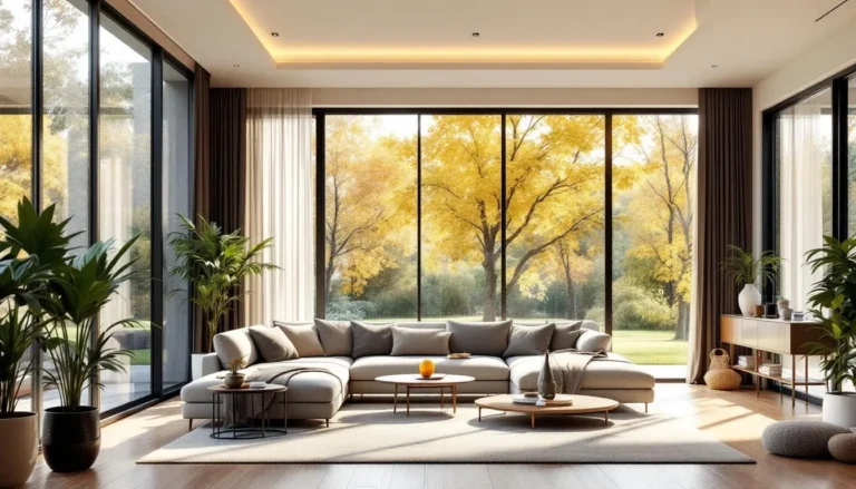 Salon moderne avec grandes fenêtres à vitrage de contrôle solaire, mettant en avant un intérieur lumineux et confortable.