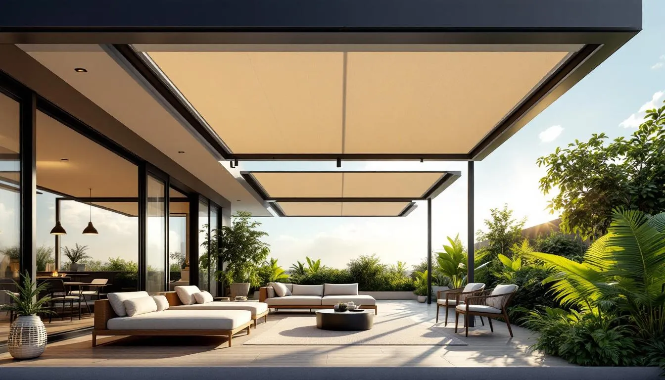 Terrasse moderne avec brise-soleil orientable en aluminium et mobilier extérieur, mettant en avant esthétisme et technologie.