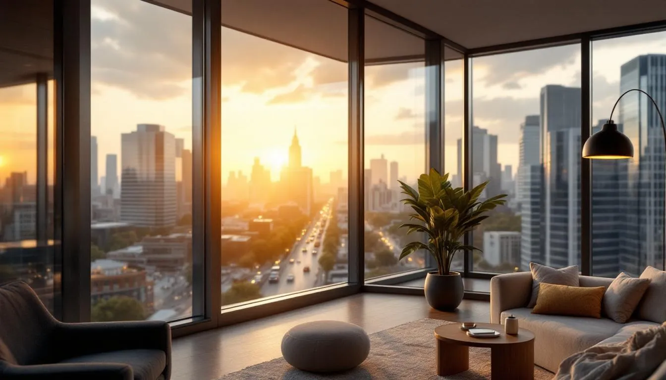 Appartement moderne avec fenêtres acoustiques, intérieur lumineux et design soigné, illustrant l'isolation phonique en milieu urbain.