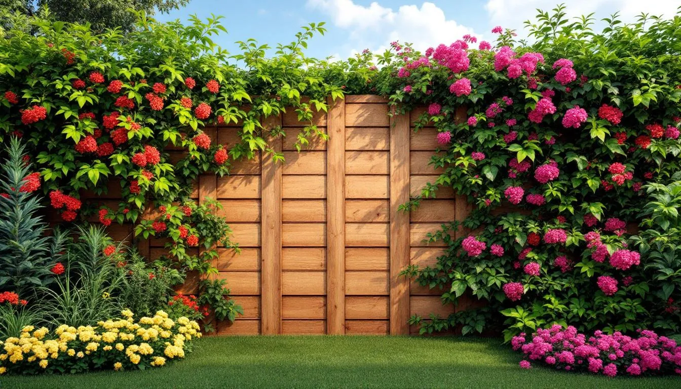 Clôture en bois végétalisée avec des plantes grimpantes, dans un jardin moderne ensoleillé.