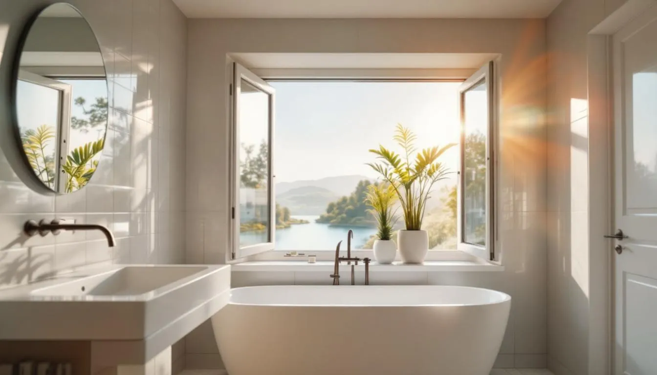 Salle de bain ensoleillée avec fenêtres à double battant ouvertes, optimisant la ventilation naturelle et illuminée par la lumière du soleil.